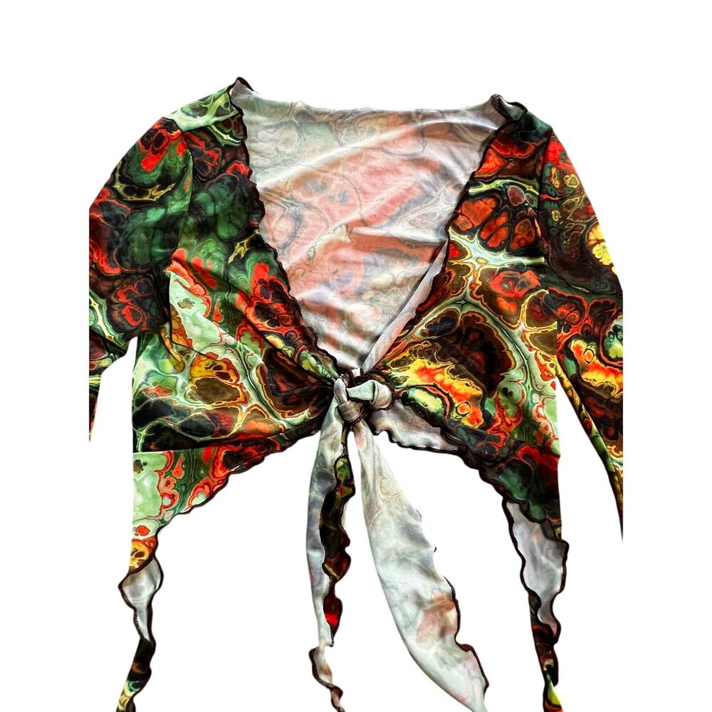 Fairycore Psychedelic Marble Mesh Tie Front Bell Sleeve Top | S - Picture 3 of 3